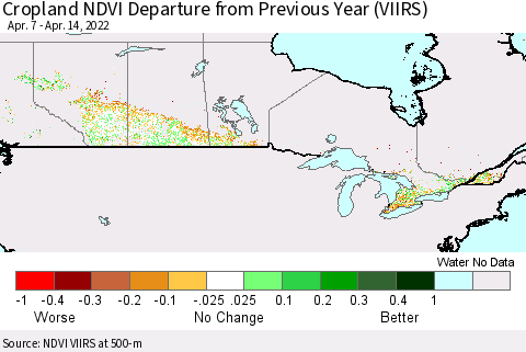 Canada Cropland NDVI Departure from Previous Year (VIIRS) Thematic Map For 4/7/2022 - 4/14/2022