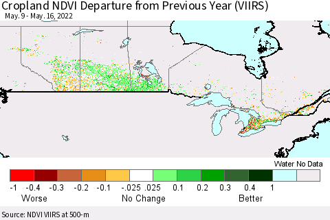 Canada Cropland NDVI Departure from Previous Year (VIIRS) Thematic Map For 5/9/2022 - 5/16/2022