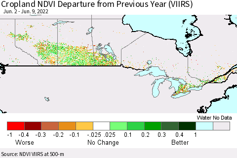 Canada Cropland NDVI Departure from Previous Year (VIIRS) Thematic Map For 6/2/2022 - 6/9/2022