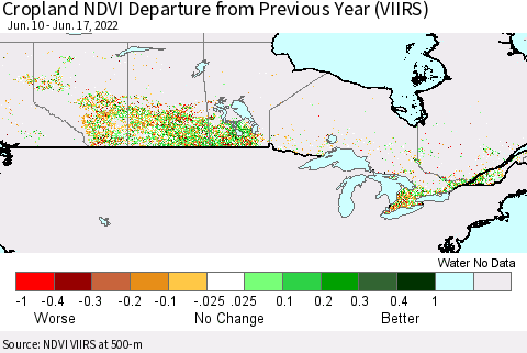 Canada Cropland NDVI Departure from Previous Year (VIIRS) Thematic Map For 6/10/2022 - 6/17/2022