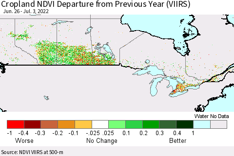 Canada Cropland NDVI Departure from Previous Year (VIIRS) Thematic Map For 6/26/2022 - 7/3/2022