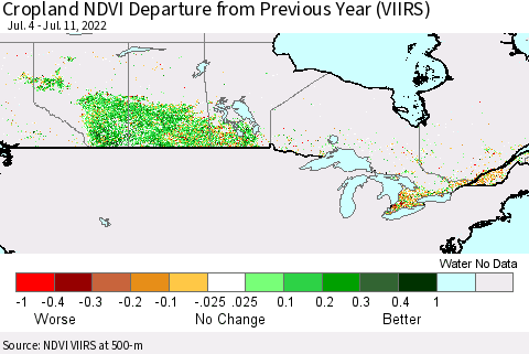 Canada Cropland NDVI Departure from Previous Year (VIIRS) Thematic Map For 7/4/2022 - 7/11/2022
