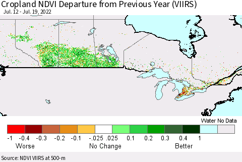 Canada Cropland NDVI Departure from Previous Year (VIIRS) Thematic Map For 7/12/2022 - 7/19/2022