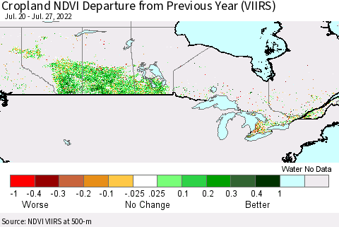 Canada Cropland NDVI Departure from Previous Year (VIIRS) Thematic Map For 7/20/2022 - 7/27/2022