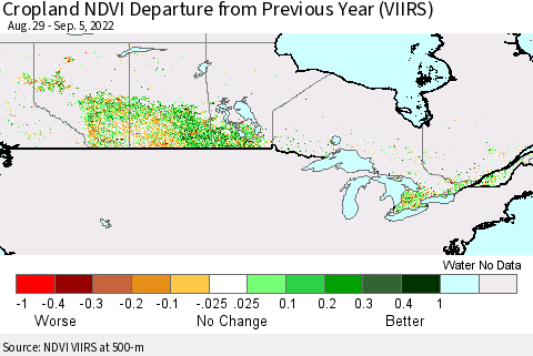 Canada Cropland NDVI Departure from Previous Year (VIIRS) Thematic Map For 8/29/2022 - 9/5/2022