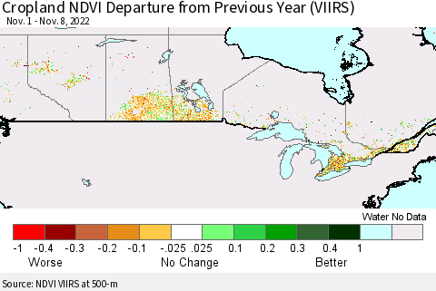 Canada Cropland NDVI Departure from Previous Year (VIIRS) Thematic Map For 11/1/2022 - 11/8/2022