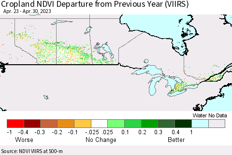 Canada Cropland NDVI Departure from Previous Year (VIIRS) Thematic Map For 4/23/2023 - 4/30/2023