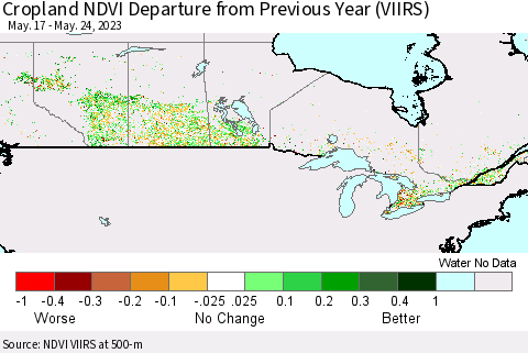 Canada Cropland NDVI Departure from Previous Year (VIIRS) Thematic Map For 5/17/2023 - 5/24/2023