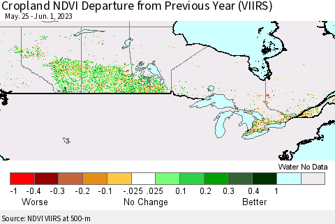 Canada Cropland NDVI Departure from Previous Year (VIIRS) Thematic Map For 5/25/2023 - 6/1/2023