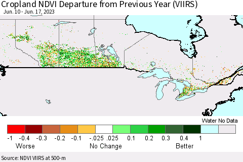 Canada Cropland NDVI Departure from Previous Year (VIIRS) Thematic Map For 6/10/2023 - 6/17/2023
