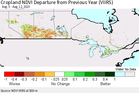 Canada Cropland NDVI Departure from Previous Year (VIIRS) Thematic Map For 8/5/2023 - 8/12/2023