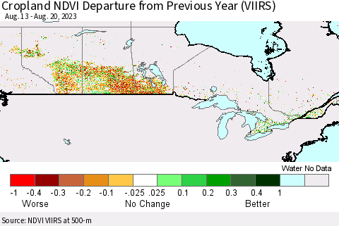 Canada Cropland NDVI Departure from Previous Year (VIIRS) Thematic Map For 8/13/2023 - 8/20/2023