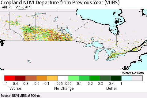 Canada Cropland NDVI Departure from Previous Year (VIIRS) Thematic Map For 8/29/2023 - 9/5/2023