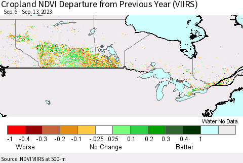 Canada Cropland NDVI Departure from Previous Year (VIIRS) Thematic Map For 9/6/2023 - 9/13/2023