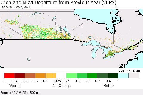 Canada Cropland NDVI Departure from Previous Year (VIIRS) Thematic Map For 9/30/2023 - 10/7/2023