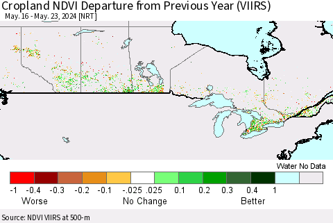 Canada Cropland NDVI Departure from Previous Year (VIIRS) Thematic Map For 5/16/2024 - 5/23/2024