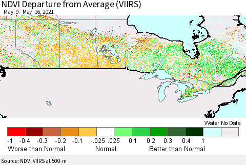 Canada NDVI Departure from Average (VIIRS) Thematic Map For 5/9/2021 - 5/16/2021