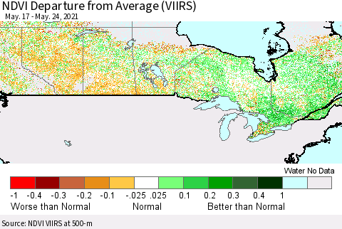 Canada NDVI Departure from Average (VIIRS) Thematic Map For 5/17/2021 - 5/24/2021