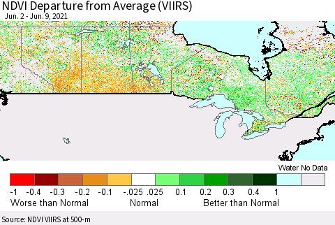 Canada NDVI Departure from Average (VIIRS) Thematic Map For 6/2/2021 - 6/9/2021