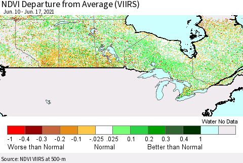 Canada NDVI Departure from Average (VIIRS) Thematic Map For 6/10/2021 - 6/17/2021