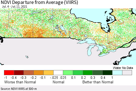 Canada NDVI Departure from Average (VIIRS) Thematic Map For 7/4/2021 - 7/11/2021
