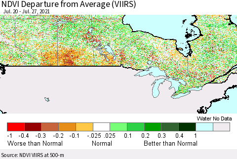 Canada NDVI Departure from Average (VIIRS) Thematic Map For 7/20/2021 - 7/27/2021