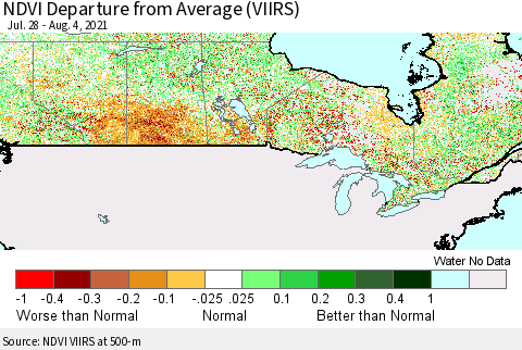 Canada NDVI Departure from Average (VIIRS) Thematic Map For 7/28/2021 - 8/4/2021