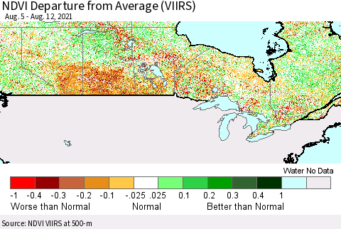 Canada NDVI Departure from Average (VIIRS) Thematic Map For 8/5/2021 - 8/12/2021