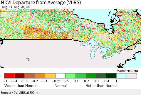 Canada NDVI Departure from Average (VIIRS) Thematic Map For 8/13/2021 - 8/20/2021