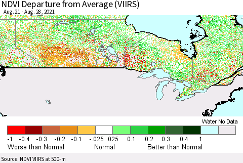Canada NDVI Departure from Average (VIIRS) Thematic Map For 8/21/2021 - 8/28/2021