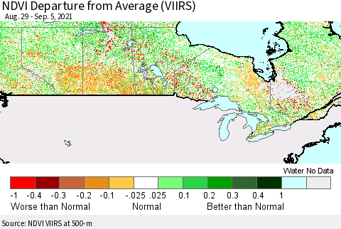 Canada NDVI Departure from Average (VIIRS) Thematic Map For 8/29/2021 - 9/5/2021