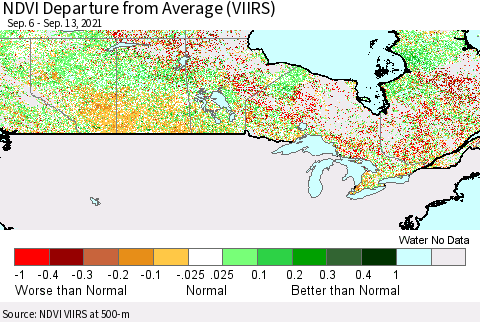 Canada NDVI Departure from Average (VIIRS) Thematic Map For 9/6/2021 - 9/13/2021