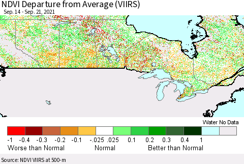 Canada NDVI Departure from Average (VIIRS) Thematic Map For 9/14/2021 - 9/21/2021