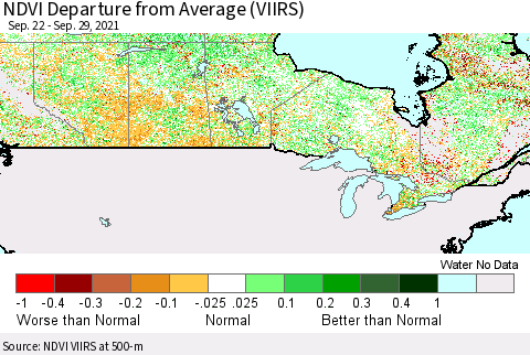 Canada NDVI Departure from Average (VIIRS) Thematic Map For 9/22/2021 - 9/29/2021
