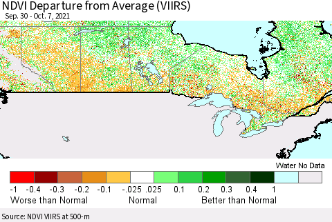 Canada NDVI Departure from Average (VIIRS) Thematic Map For 9/30/2021 - 10/7/2021