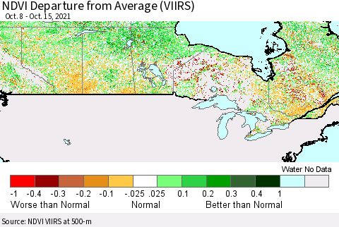 Canada NDVI Departure from Average (VIIRS) Thematic Map For 10/8/2021 - 10/15/2021