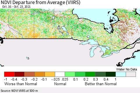 Canada NDVI Departure from Average (VIIRS) Thematic Map For 10/16/2021 - 10/23/2021