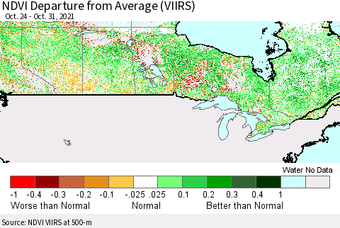 Canada NDVI Departure from Average (VIIRS) Thematic Map For 10/24/2021 - 10/31/2021