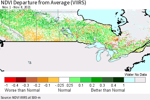 Canada NDVI Departure from Average (VIIRS) Thematic Map For 11/1/2021 - 11/8/2021