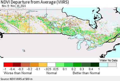Canada NDVI Departure from Average (VIIRS) Thematic Map For 11/9/2021 - 11/16/2021