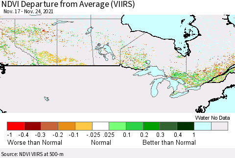 Canada NDVI Departure from Average (VIIRS) Thematic Map For 11/17/2021 - 11/24/2021
