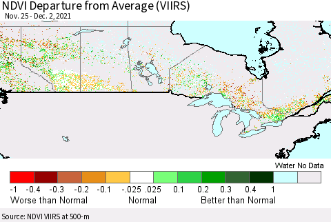 Canada NDVI Departure from Average (VIIRS) Thematic Map For 11/25/2021 - 12/2/2021