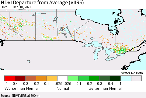 Canada NDVI Departure from Average (VIIRS) Thematic Map For 12/3/2021 - 12/10/2021