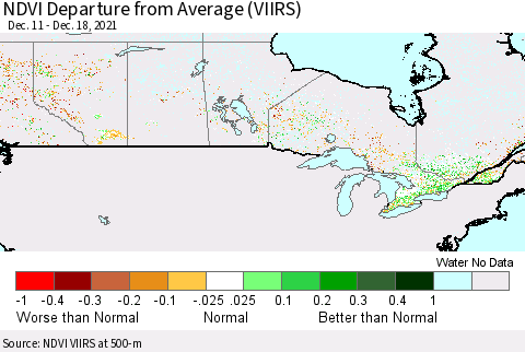 Canada NDVI Departure from Average (VIIRS) Thematic Map For 12/11/2021 - 12/18/2021