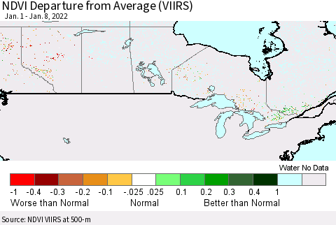 Canada NDVI Departure from Average (VIIRS) Thematic Map For 1/1/2022 - 1/8/2022