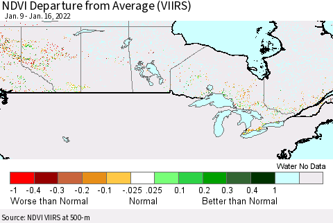 Canada NDVI Departure from Average (VIIRS) Thematic Map For 1/9/2022 - 1/16/2022