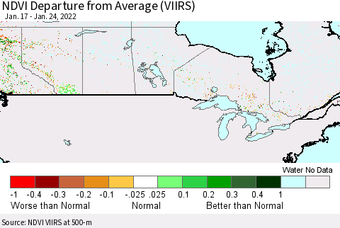 Canada NDVI Departure from Average (VIIRS) Thematic Map For 1/17/2022 - 1/24/2022