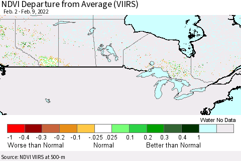 Canada NDVI Departure from Average (VIIRS) Thematic Map For 2/2/2022 - 2/9/2022