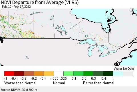 Canada NDVI Departure from Average (VIIRS) Thematic Map For 2/10/2022 - 2/17/2022