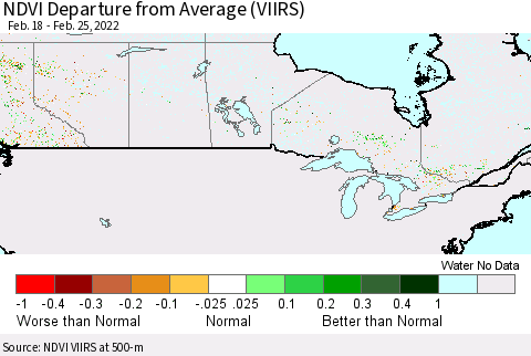 Canada NDVI Departure from Average (VIIRS) Thematic Map For 2/18/2022 - 2/25/2022